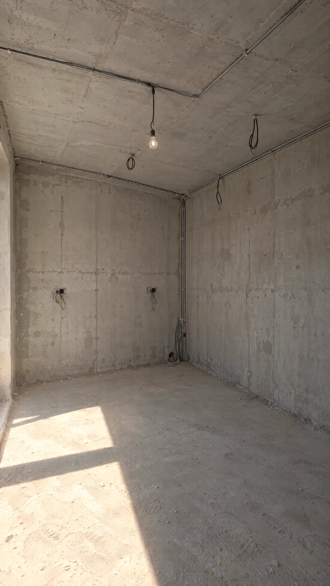Beton duvarlı, tavanında çıplak ampul olan boş oda